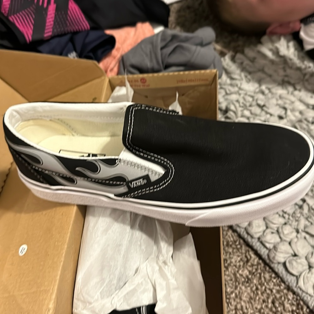 New in box Vans slip on grey flame